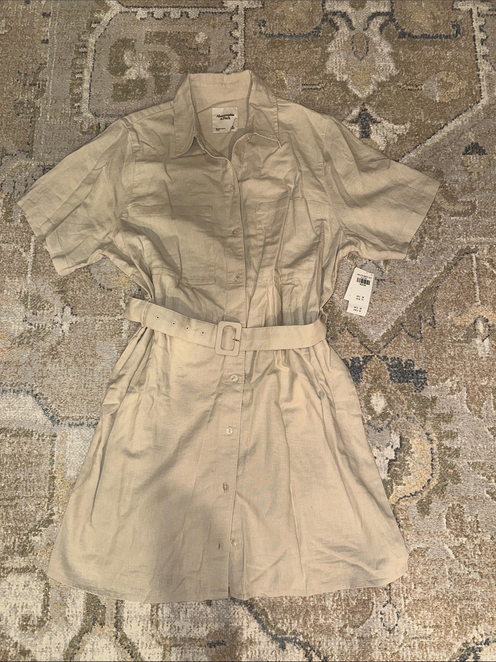 Abercrombie & Fitch Beige Short-Sleeve Belted Mini Dress